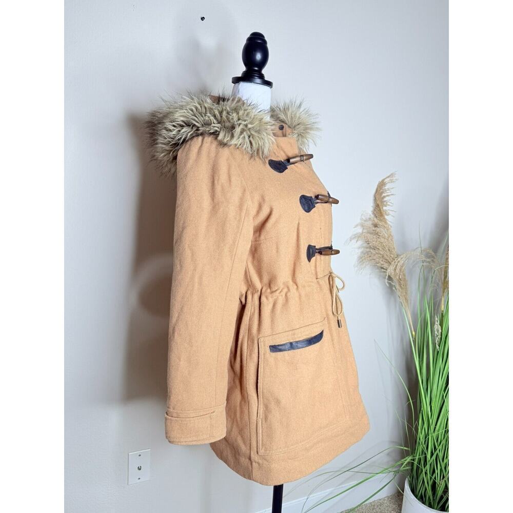Abercrombie & Fitch Hooded Fur Trim Wool Toggle Peacoat Parka Womens M Camel Tan - Picture 2 of 13